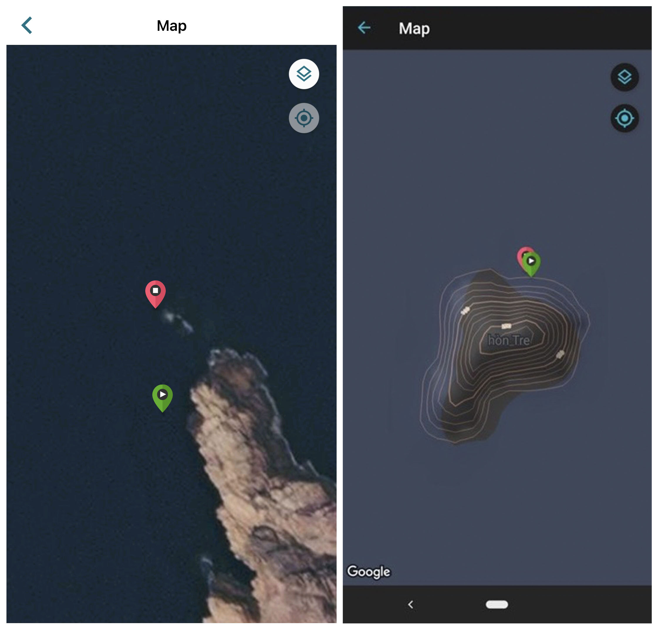 Điểm bắt đầu và kết thúc ca lặn hiển thị trên bản đồ chế độ vệ tinh và chế độ OSM 